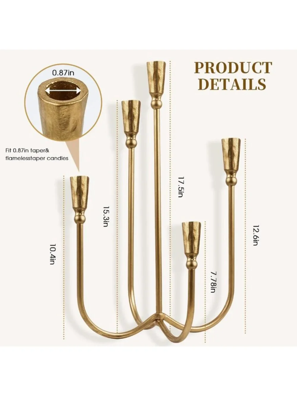 Elegant 5 Arm Antique Brass Candelabra Candle Holder - 17.5'' Tall Gold Decor